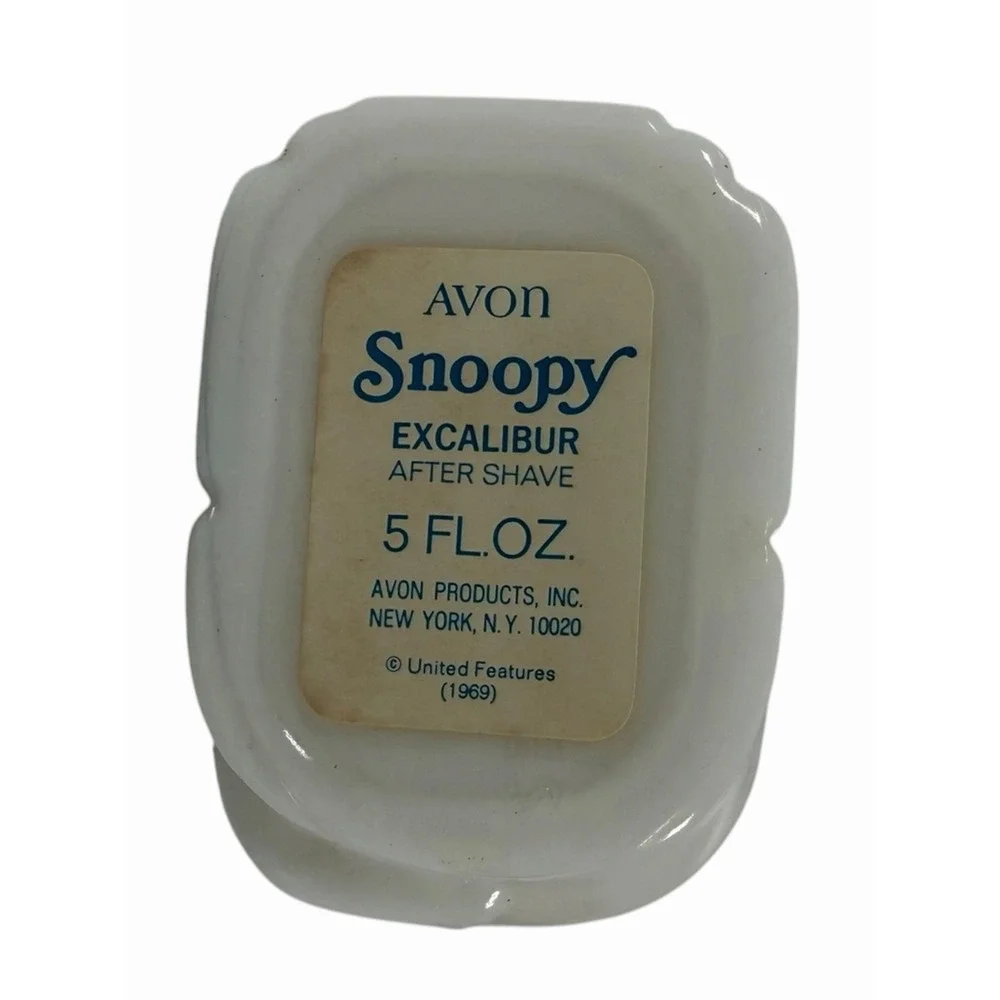 Vintage SNOOPY Milk Glass Dog AVON Bottle w Ball Cap  1969 Excalibur After Shave
